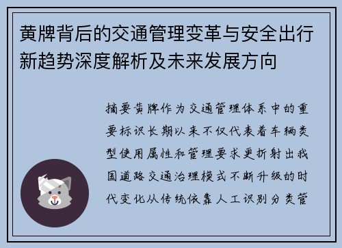 黄牌背后的交通管理变革与安全出行新趋势深度解析及未来发展方向 黄牌背后的交通管理变革与安全出行新趋势深度解析及未来发展方向